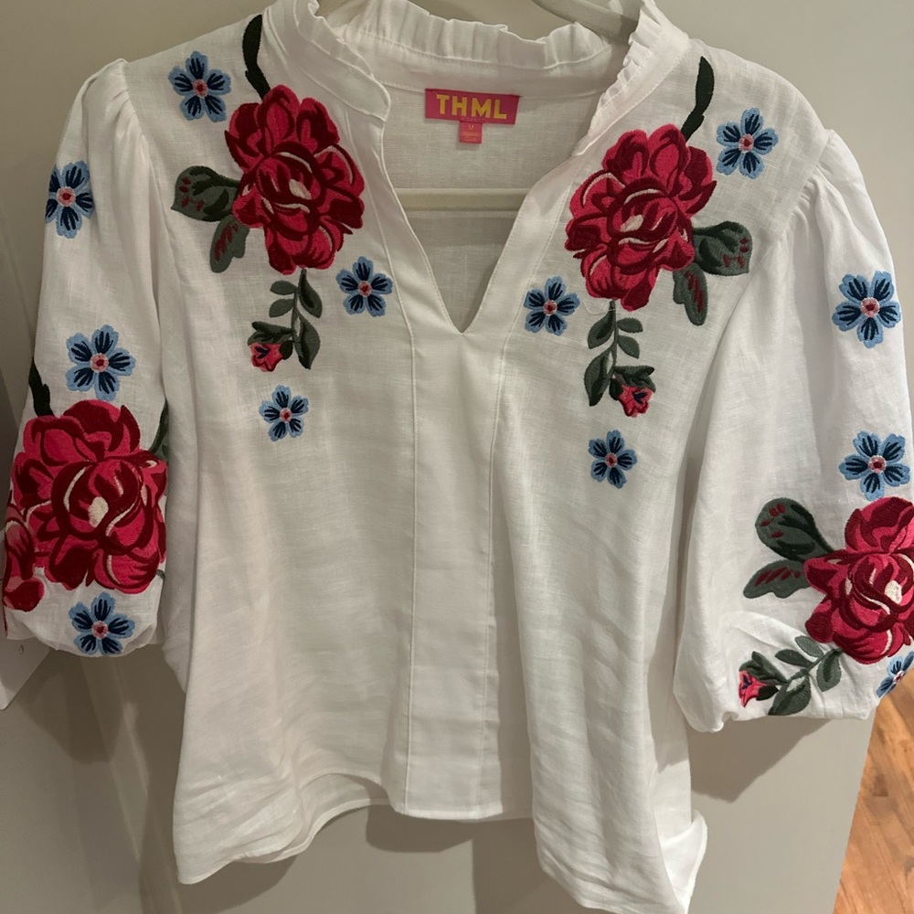 THML White Red Embellished 3/4 Sleeve Blouse